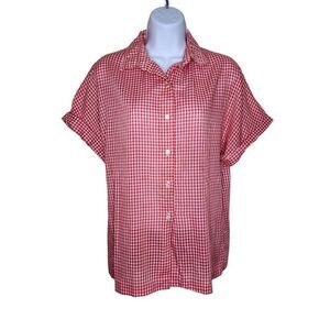 Vintage 60s Gingham Check Blouse Top Womens Size L Red White Country Western Pin